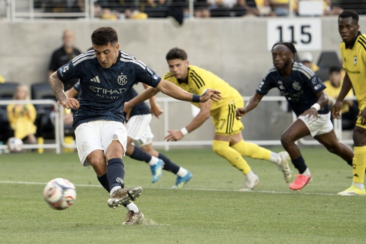 Jul 22, 2026; Columbus, Ohio, USA; New York City Football Club midfield Nicolas Fernandez (7) scores on a penalty kick against the Columbus Crew at ScottsMiracle-Gro Field. Mandatory Credit: Barbara Perenic-Imagn Images