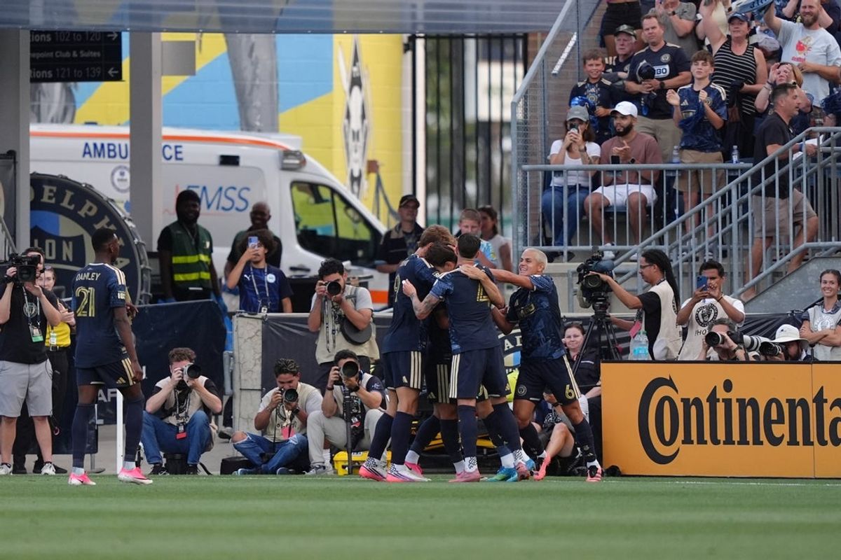 Jul 22, 2026; Chester, Pennsylvania, USA; Philadelphia Union forward Milan Iloski (10) celebrates with teammates after scoring a goal against the New York Red Bulls in the first half at Subaru Park. Mandatory Credit: Kyle Ross-Imagn Images