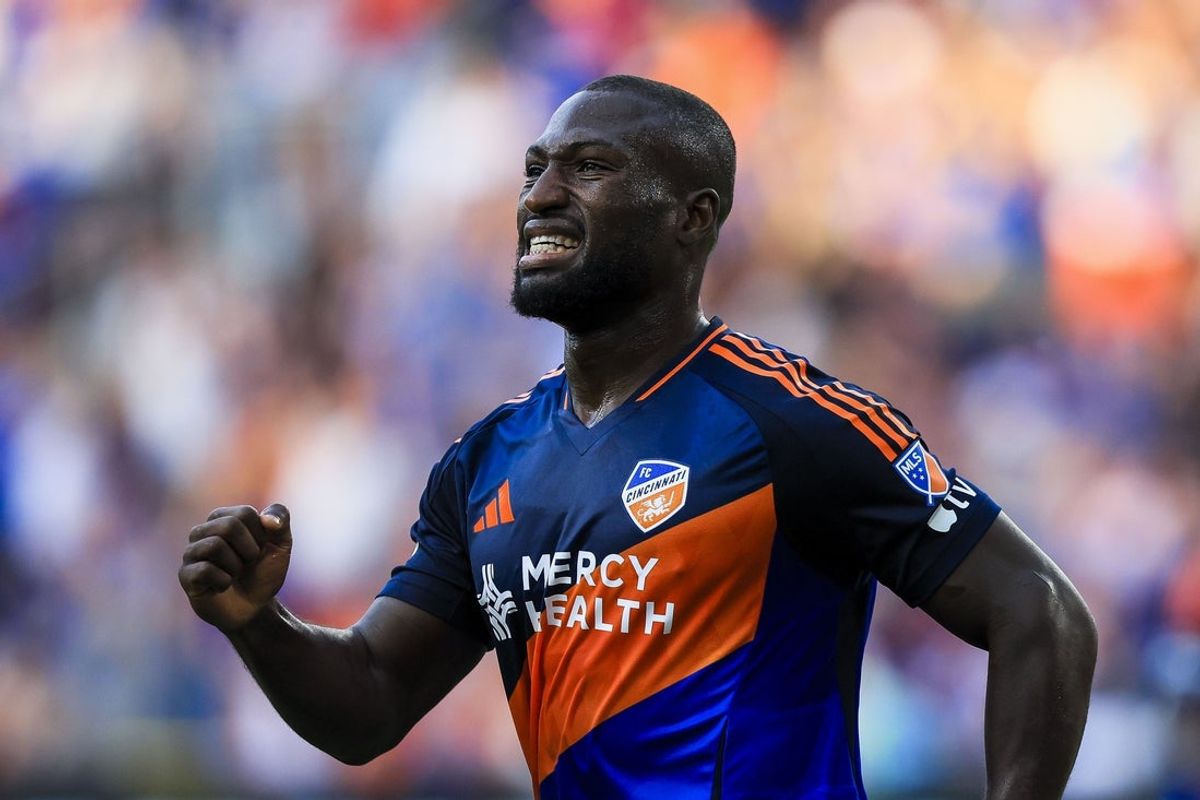 Jul 22, 2026; Cincinnati, Ohio, USA; FC Cincinnati forward Kevin Denkey (9) reacts after scoring a goal against Vancouver Whitecaps FC in the first half at TQL Stadium. Mandatory Credit: Katie Stratman-Imagn Images