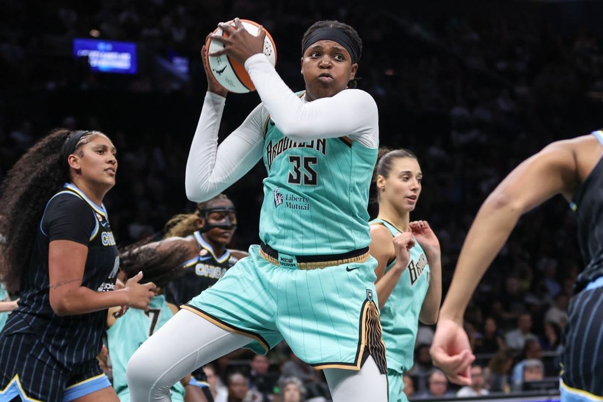 Jul 22, 2026; Brooklyn, New York, USA;  New York Liberty center Jonquel Jones (35) grabs a rebound in the second quarter against the Chicago Sky at Barclays Center. Mandatory Credit: Wendell Cruz-Imagn Images