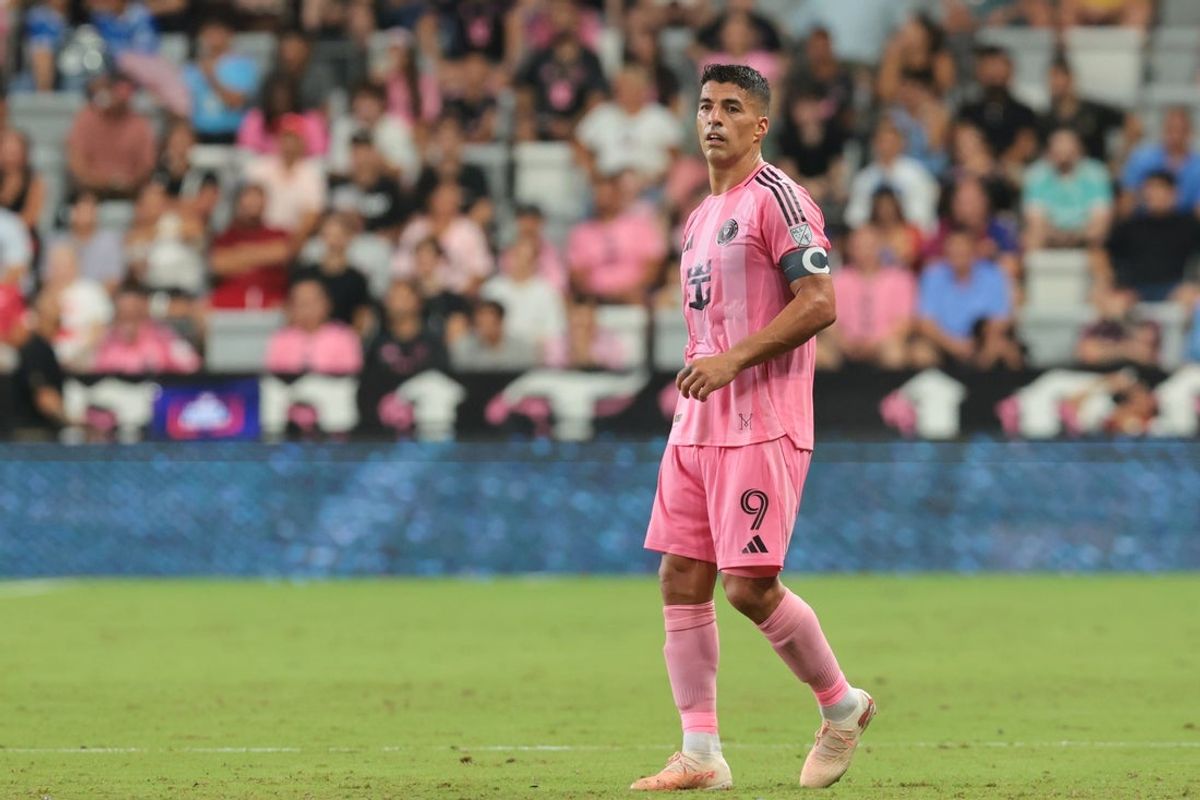 Jul 22, 2026; Miami, Florida, USA; Inter Miami CF forward Luis Suarez (9) looks on against the Chicago Fire FC during the second half at Nu Stadium. Mandatory Credit: Sam Navarro-Imagn Images