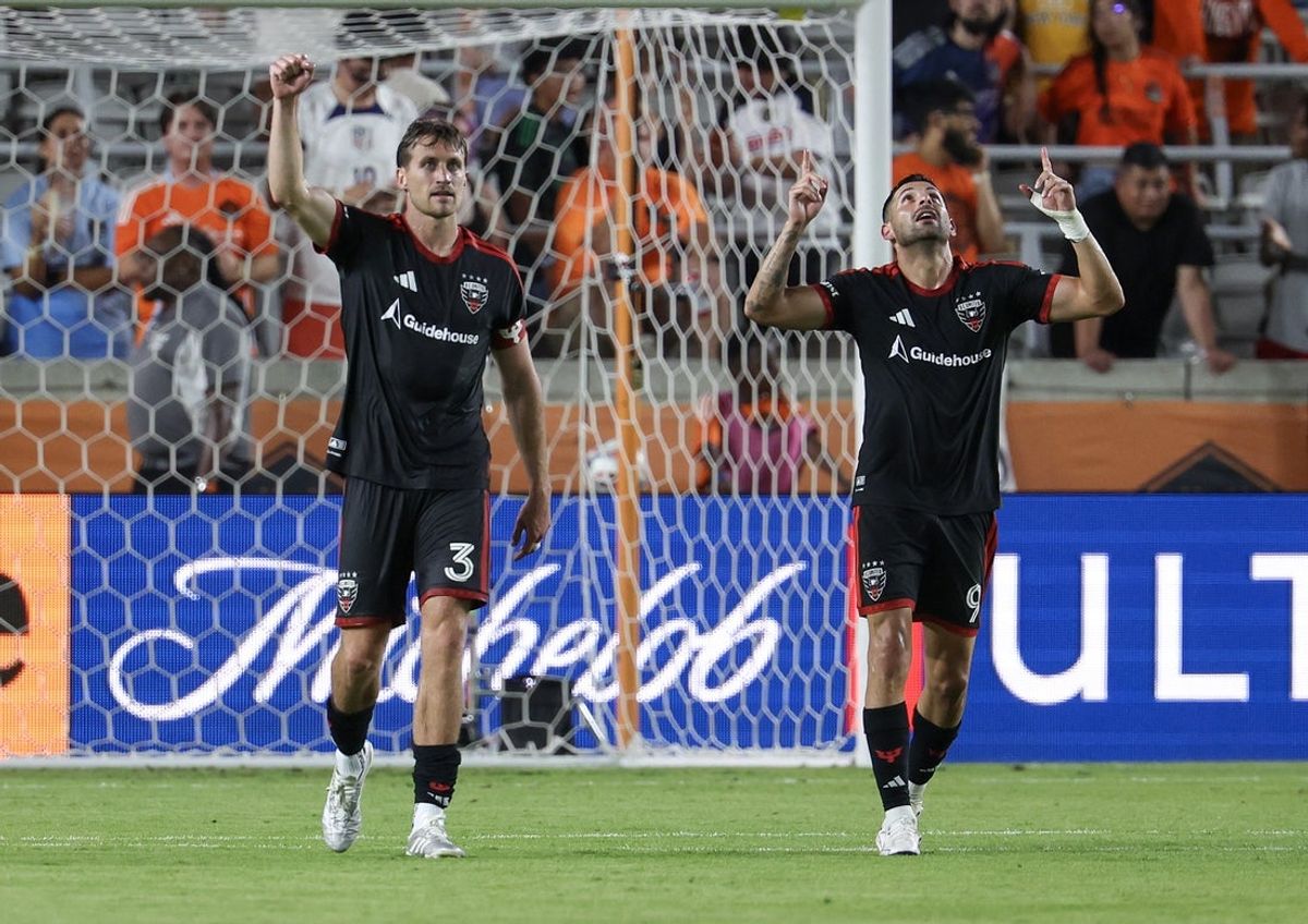 Jul 22, 2026; Houston, Texas, USA; D.C. United offense Tai Baribo (9) celebrates his goal against the Houston Dynamo FC in the second half at Shell Energy Stadium. Mandatory Credit: Thomas Shea-Imagn Images