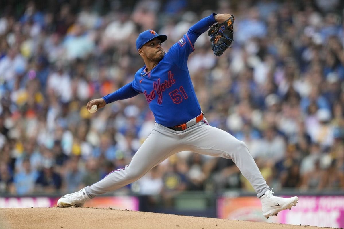 Jul 20, 2026; Milwaukee, Wisconsin, USA;  New York Mets pitcher Freddy Peralta (51) during the game against the Milwaukee Brewers at American Family Field. Mandatory Credit: Jeff Hanisch-Imagn Images