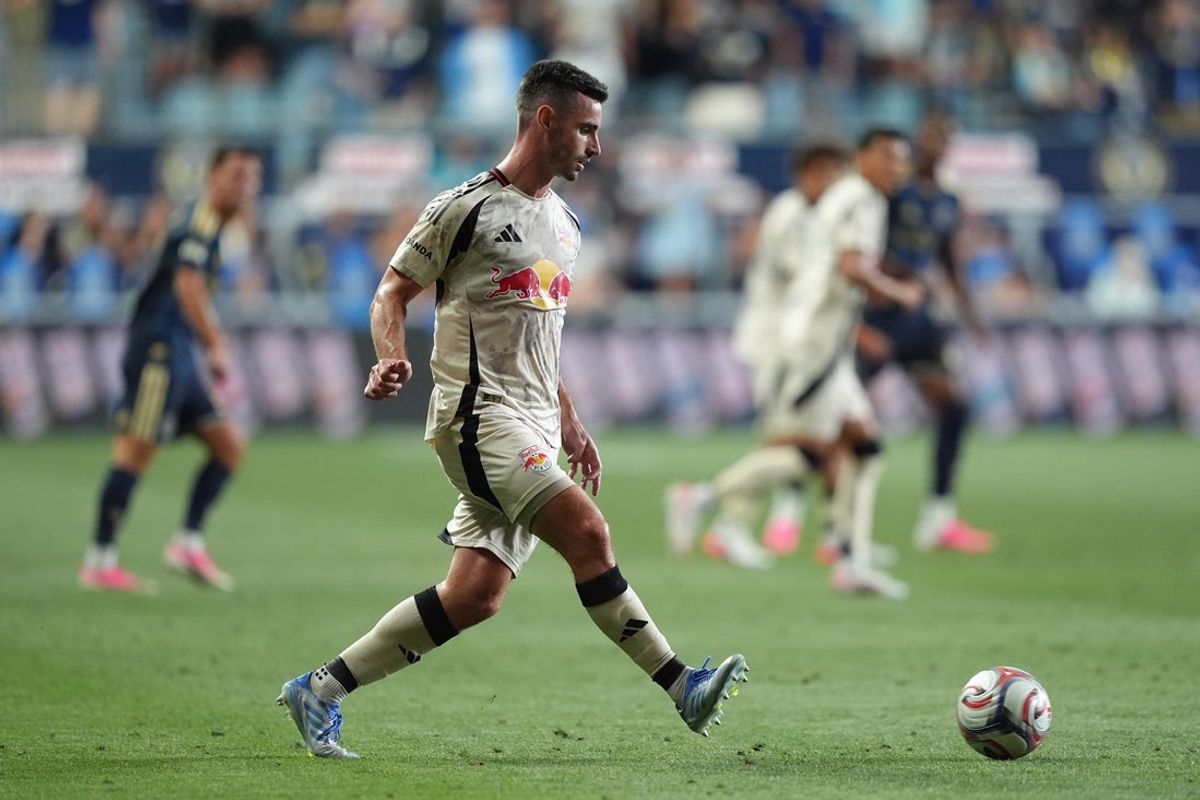 Jul 22, 2026; Chester, Pennsylvania, USA; New York Red Bulls defender Dylan Nealis (12) passes the ball against the Philadelphia Union in the first half at Subaru Park. Mandatory Credit: Kyle Ross-Imagn Images