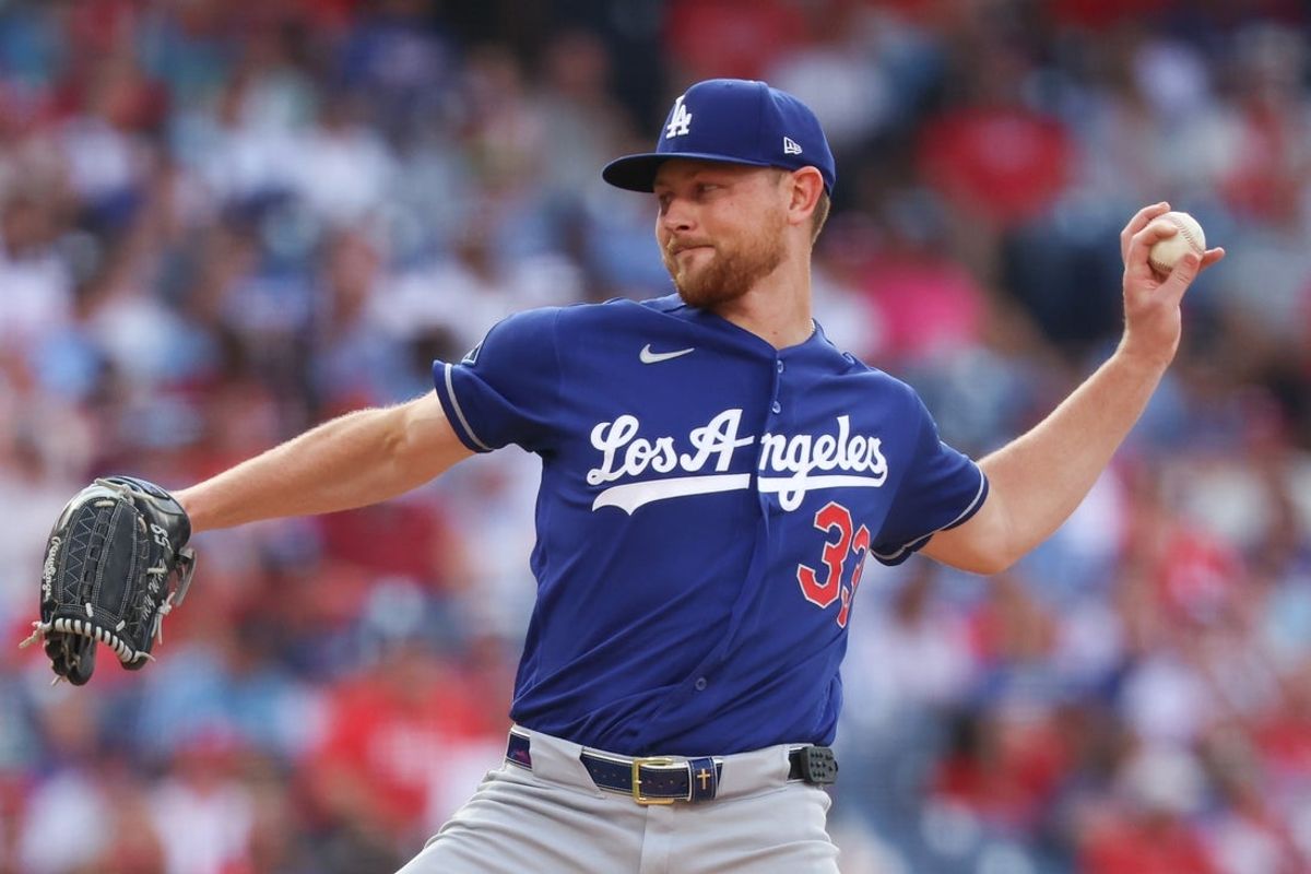 Jul 22, 2026; Philadelphia, Pennsylvania, USA; Los Angeles Dodgers pitcher Eric Lauer (33) throws a pitch against the Philadelphia Phillies during the first inning at Citizens Bank Park. Mandatory Credit: Bill Streicher-Imagn Images