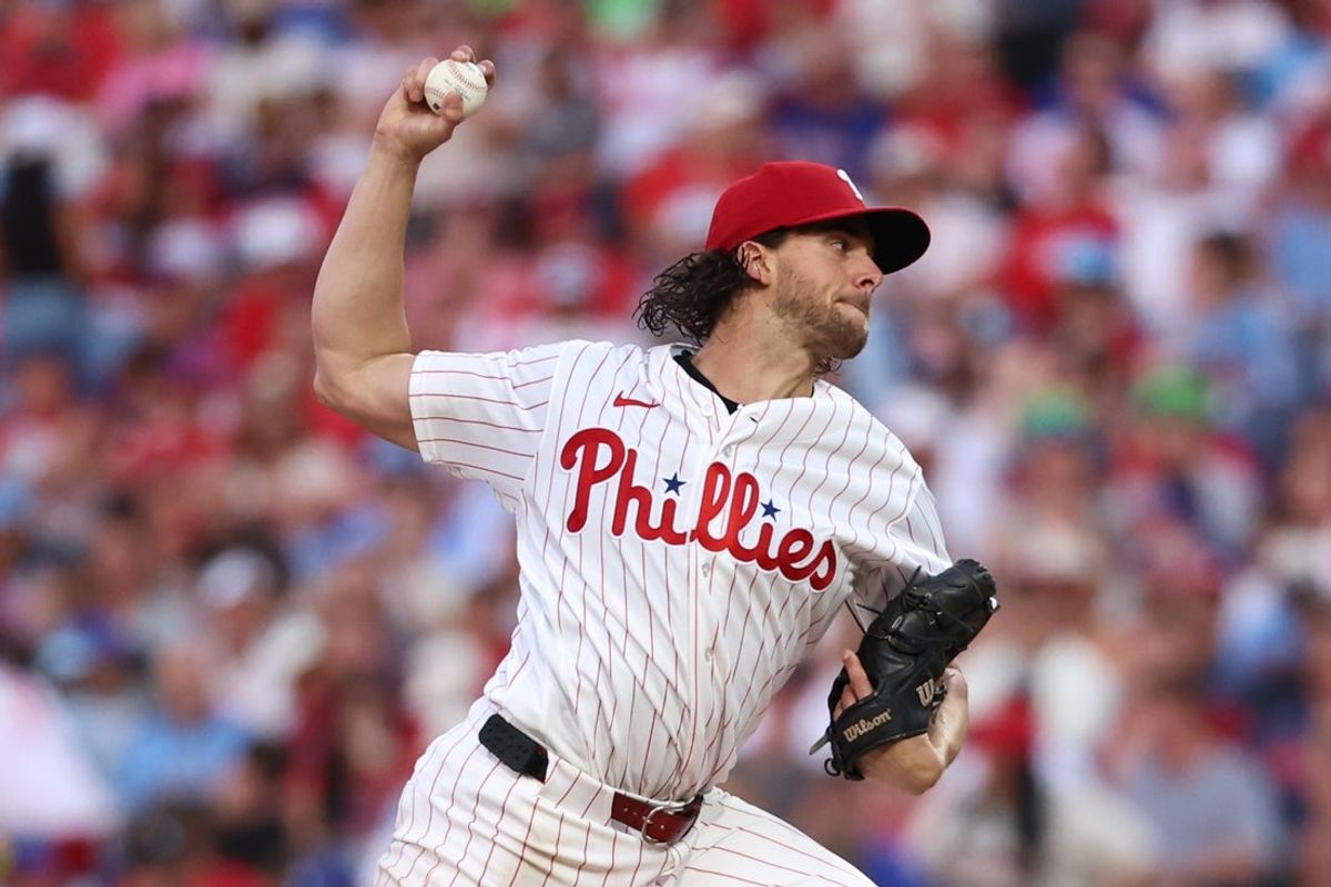 Jul 22, 2026; Philadelphia, Pennsylvania, USA; Philadelphia Phillies pitcher Aaron Nola (27) throws a pitch against the Los Angeles Dodgers during the fifth inning at Citizens Bank Park. Mandatory Credit: Bill Streicher-Imagn Images