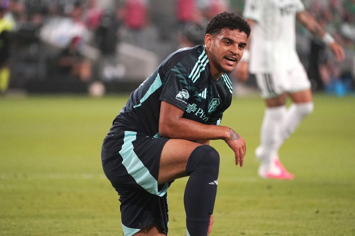 Jul 22, 2026; Austin, Texas, USA; Seattle Sounders FC forward Osaze De Rosario (95) rests between plays during the second half against Austin FC at Q2 Stadium. Mandatory Credit: Dustin Safranek-Imagn Images