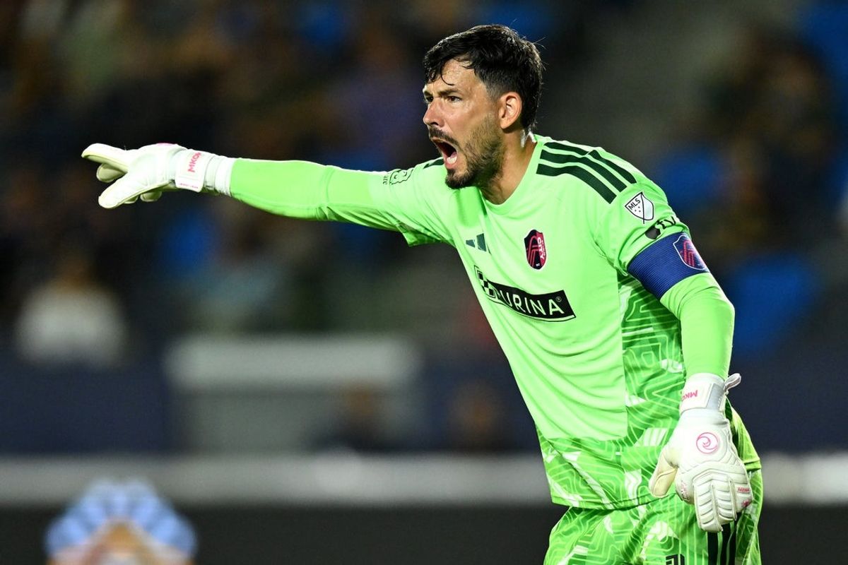 Jul 22, 2026; Carson, California, USA; St. Louis CITY SC goalkeeper Roman Burki (1) reacts against LA Galaxy during the second half at Dignity Health Sports Park. Mandatory Credit: Griffin Hooper-Imagn Images