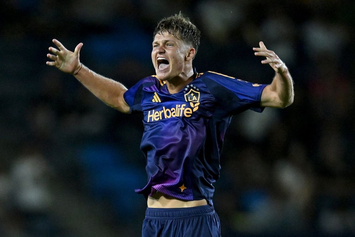 Jul 22, 2026; Carson, California, USA; LA Galaxy midfield Troy Elgersma (76) celebrates after scoring a goal against St. Louis CITY SC during the second half at Dignity Health Sports Park. Mandatory Credit: Griffin Hooper-Imagn Images