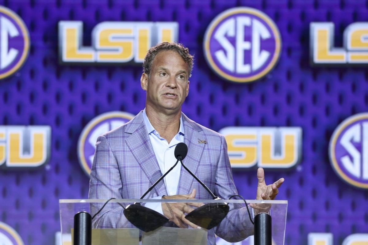 Jul 23, 2026; Tampa, FL, USA; LSU Tigers head coach Lane Kiffin speaks to the press during SEC Football Kickoff Media Day at the Tampa Marriott. Mandatory Credit: Nathan Ray Seebeck-Imagn Images