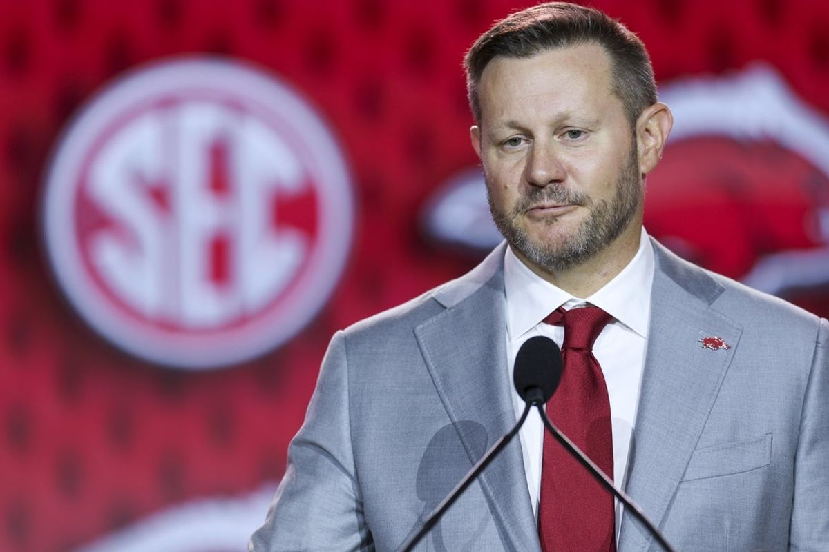 Jul 23, 2026; Tampa, FL, USA; Arkansas Razorbacks head coach Ryan Silverfield speaks to the press during SEC Football Kickoff Media Day at the Tampa Marriott. Mandatory Credit: Nathan Ray Seebeck-Imagn Images