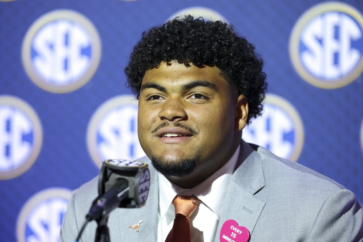 Jul 23, 2026; Tampa, FL, USA; Texas Longhorns offensive lineman Trevor Goosby (74) speaks to the press during SEC Football Kickoff Media Day at the Tampa Marriott. Mandatory Credit: Nathan Ray Seebeck-Imagn Images