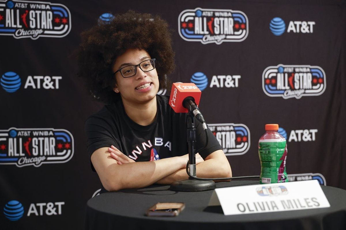 Jul 24, 2026; Chiacgo, IL, USA; Minnesota Lynx guard Olivia Miles speaks during WNBA All-Star Weekend Media Day at Obama Presidential Center. Mandatory Credit: Kamil Krzaczynski-Imagn Images
