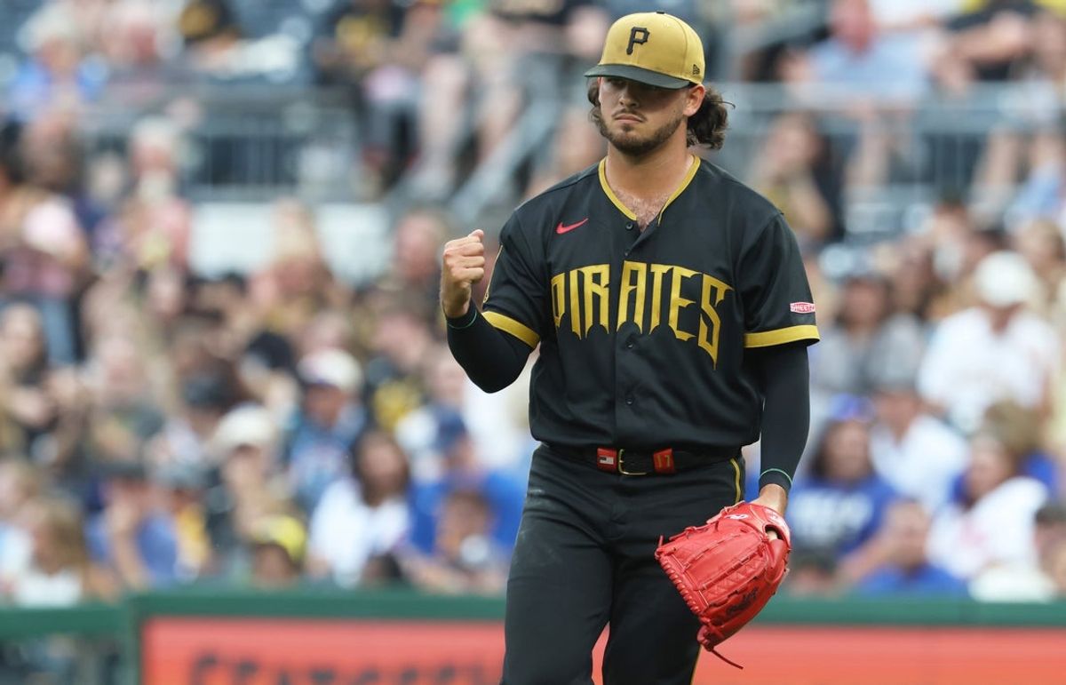 Jul 24, 2026; Pittsburgh, Pennsylvania, USA;  Pittsburgh Pirates starting pitcher Jared Jones (17) delivers a pitch against the Chicago Cubs during the first inning at PNC Park. Mandatory Credit: Charles LeClaire-Imagn Images