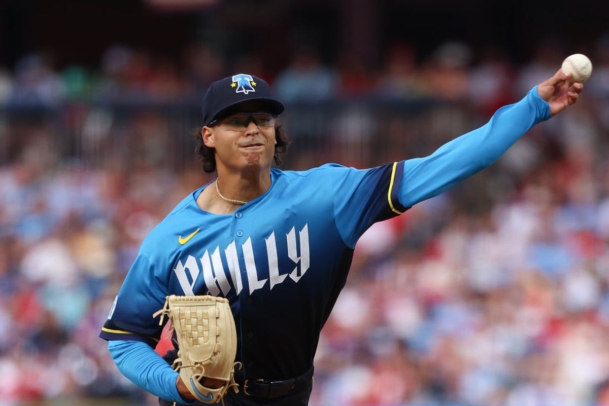 Jul 24, 2026; Philadelphia, Pennsylvania, USA; Philadelphia Phillies pitcher Jesus Luzardo (44) throws a pitch during the third inning against the New York Yankees during the first inning at Citizens Bank Park. Mandatory Credit: Bill Streicher-Imagn Images