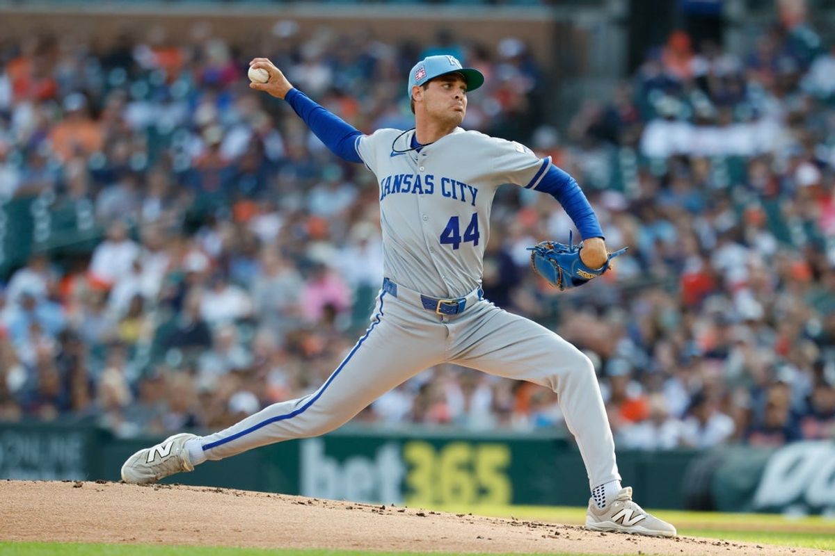 Jul 24, 2026; Detroit, Michigan, USA;  Kansas City Royals pitcher Beck Way (44) pitches in the first inning against the Detroit Tigers at Comerica Park. Mandatory Credit: Rick Osentoski-Imagn Images