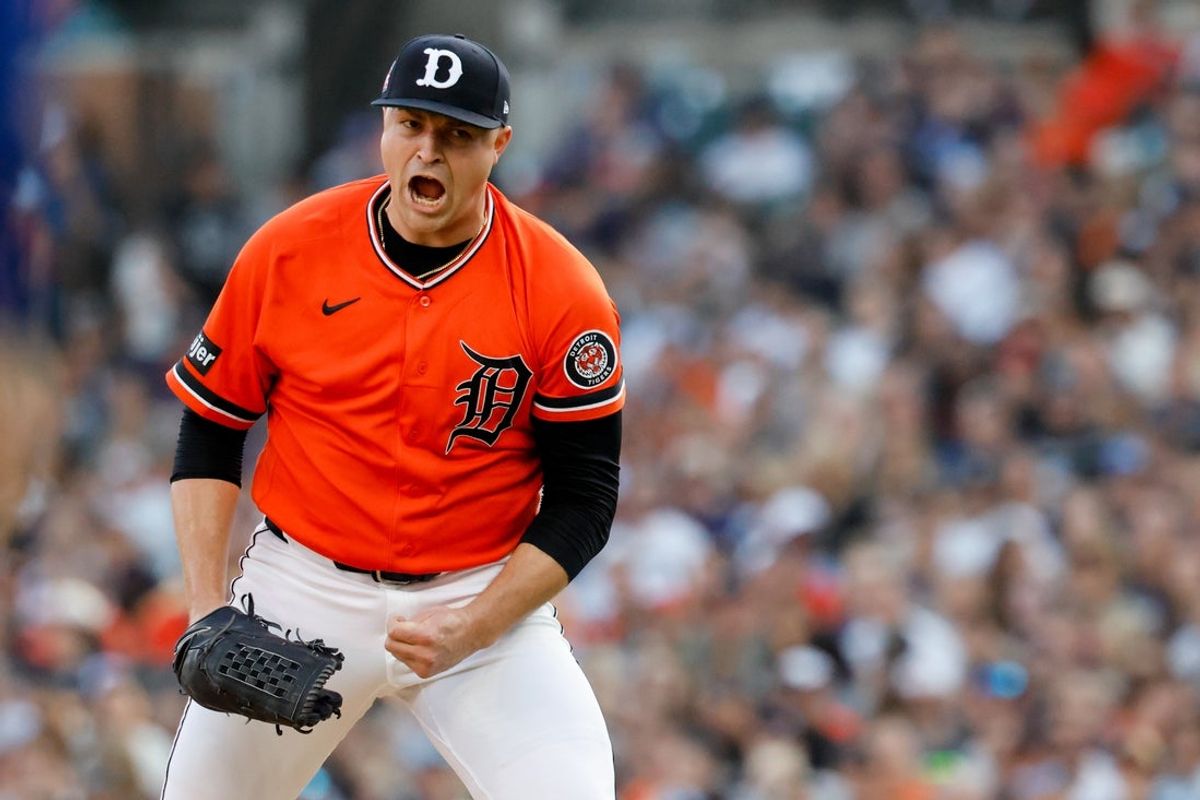 Jul 24, 2026; Detroit, Michigan, USA;  Detroit Tigers pitcher Tarik Skubal (29) celebrates after the third inning against the Kansas City Royals at Comerica Park. Mandatory Credit: Rick Osentoski-Imagn Images