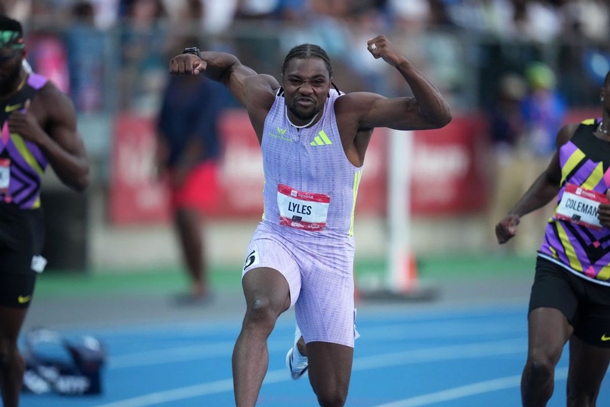 Jul 24, 2026; New York, NY, USA; Noah Lyles celebrates after winning the 100m in 9.79 during the USATF Championships at Icahn Stadium. Mandatory Credit: Kirby Lee-Imagn Images