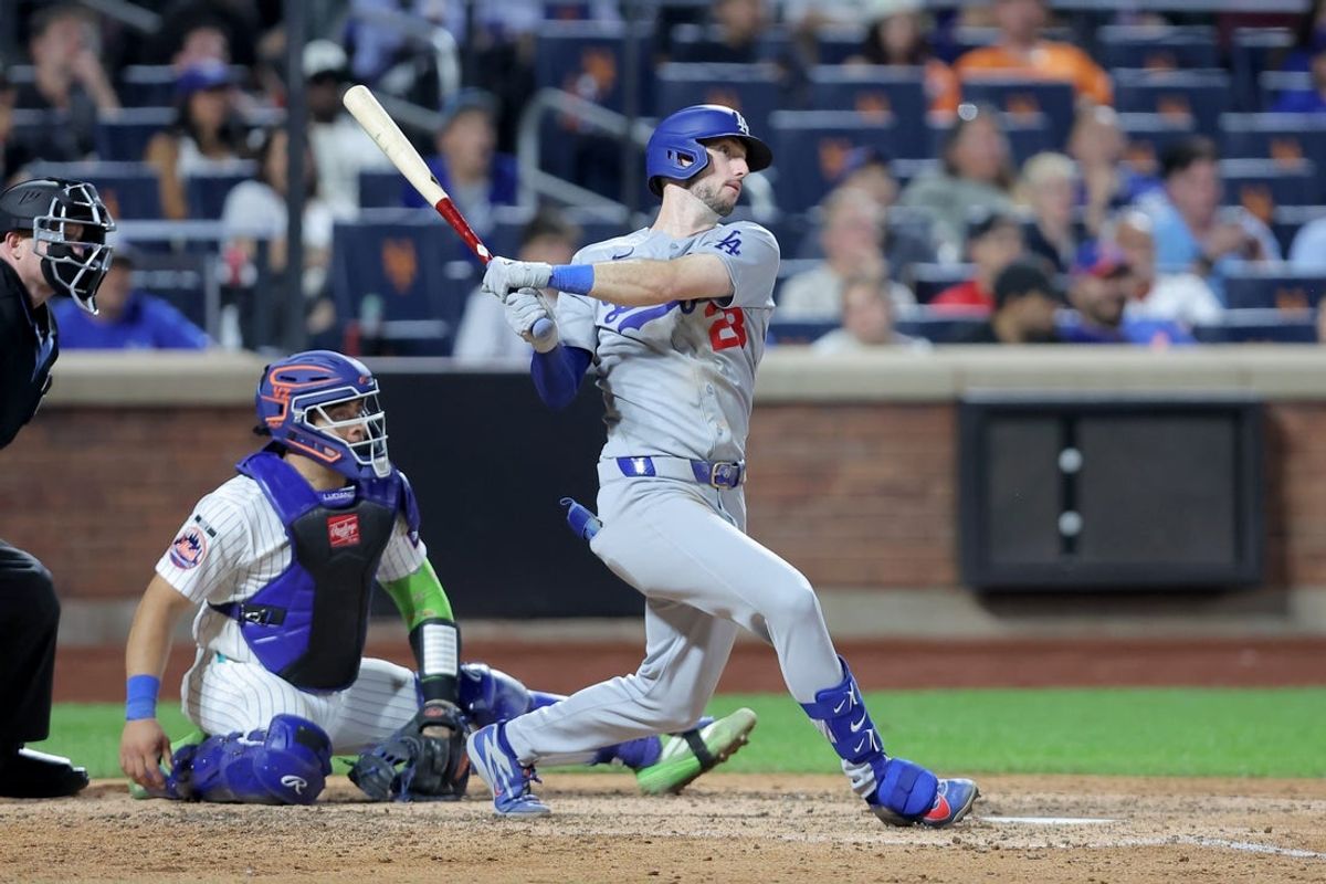 Jul 24, 2026; New York City, New York, USA; Los Angeles Dodgers right fielder Kyle Tucker (23) follows through on a two run home run against the New York Mets during the eighth inning at Citi Field. Mandatory Credit: Brad Penner-Imagn Images