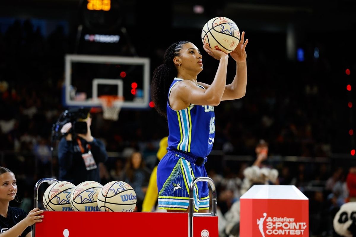 Jul 24, 2026; Chicago, IL, USA; Dallas Wings guard Azzi Fudd (35) shoots during the 2026 State Farm WNBA 3-Point Contest at Wintrust Arena. Mandatory Credit: Kamil Krzaczynski-Imagn Images