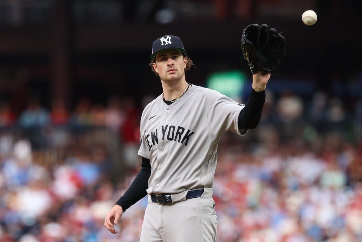 Jul 24, 2026; Philadelphia, Pennsylvania, USA; New York Yankees pitcher Cam Schlittler (31) prepares to pitch during the third inning against the Philadelphia Phillies during the first inning at Citizens Bank Park. Mandatory Credit: Bill Streicher-Imagn Images