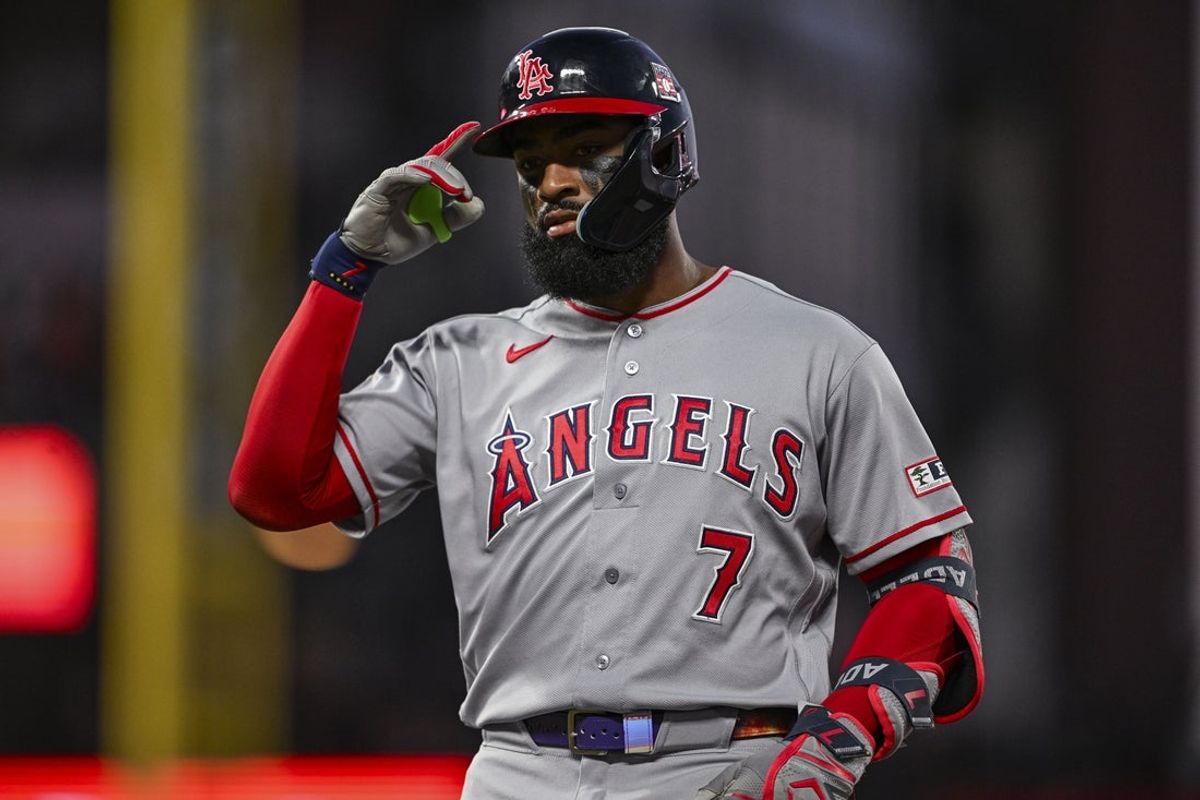 Jul 24, 2026; San Francisco, California, USA; Los Angeles Angels right fielder Jo Adell (7) celebrates a single in the top of the fifth inning against the San Francisco Giants at Oracle Park. Mandatory Credit: Justine Willard-Imagn Images