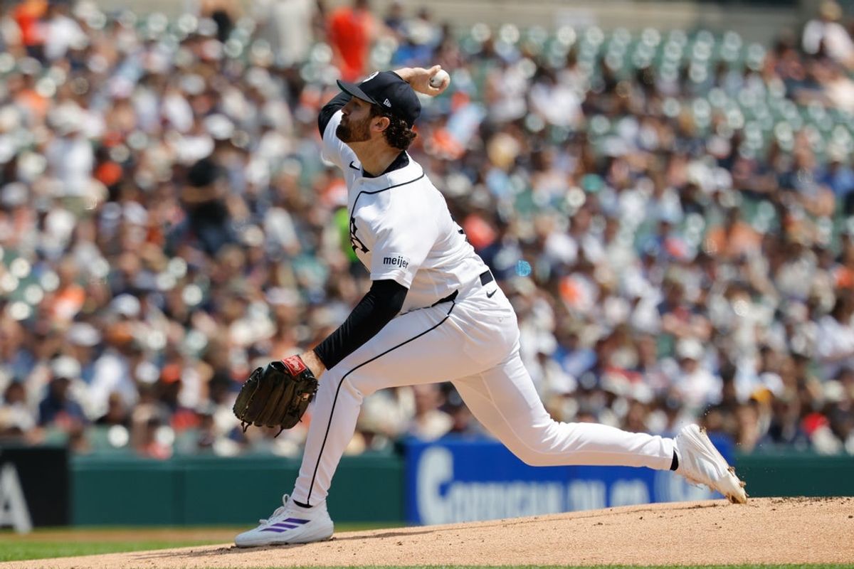 Jul 25, 2026; Detroit, Michigan, USA;  Detroit Tigers pitcher Casey Mize (12) pitches in the first inning against the Kansas City Royals at Comerica Park. Mandatory Credit: Rick Osentoski-Imagn Images