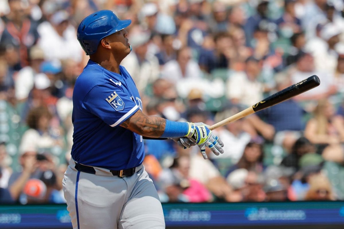 Jul 25, 2026; Detroit, Michigan, USA;  Kansas City Royals catcher Salvador Perez (13) hits a home run in the seventh inning against the Detroit Tigers at Comerica Park. Mandatory Credit: Rick Osentoski-Imagn Images