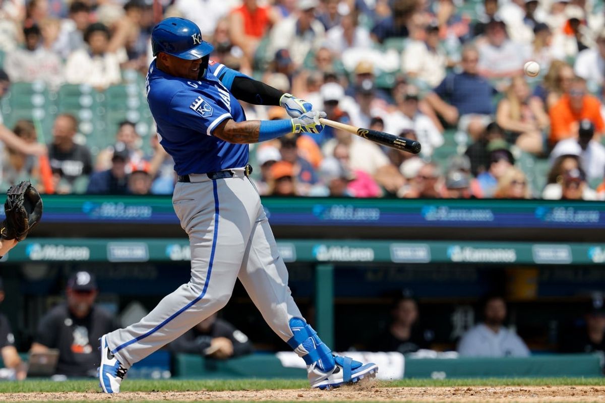 Jul 25, 2026; Detroit, Michigan, USA;  Kansas City Royals catcher Salvador Perez (13) hits a home run in the seventh inning against the Detroit Tigers at Comerica Park. Mandatory Credit: Rick Osentoski-Imagn Images