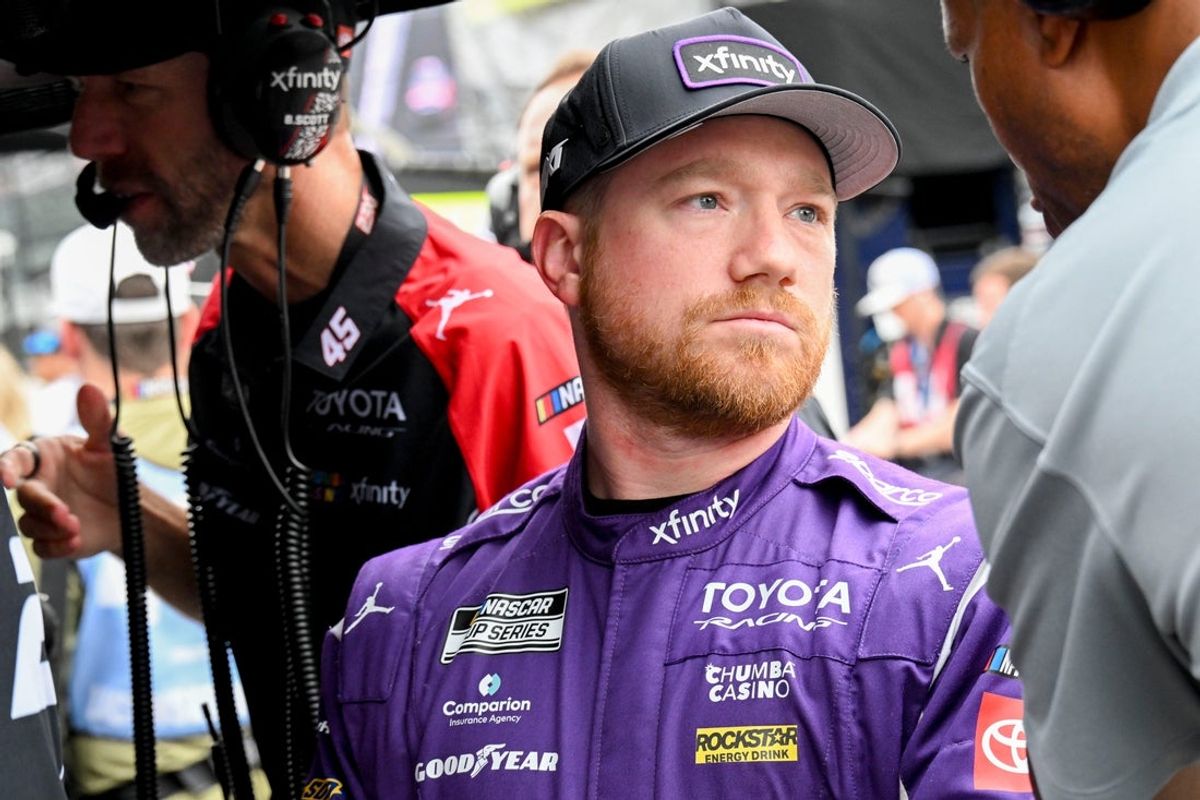 NASCAR Cup Series driver Tyler Reddick (45) stands by his pit box Saturday, July 25, 2026, during qualifying for the Brickyard 400 at Indianapolis Motor Speedway.