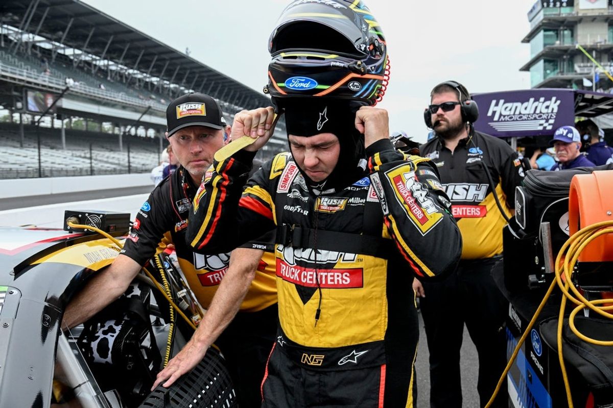 NASCAR Cup Series driver Noah Gragson (4) prepares to get in his car Saturday, July 25, 2026, during qualifying for the Brickyard 400 at Indianapolis Motor Speedway.