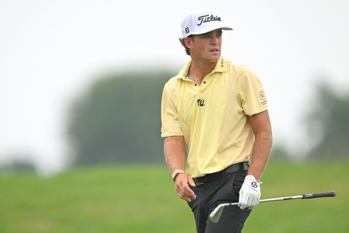 Jul 25, 2026; Blaine, Minnesota, USA;  Jackson Koivun tracks his tee shot on hole 8 during the third round of the 3M Open golf tournament at TPC Twin Cities. Mandatory Credit: Nick Wosika-Imagn Images
