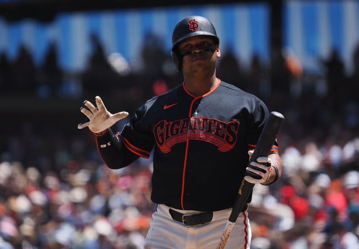 Jul 25, 2026; San Francisco, California, USA; San Francisco Giants first baseman Rafael Devers (16) between pitches against the Los Angeles Angels during the fourth inning at Oracle Park. Mandatory Credit: Kelley L Cox-Imagn Images