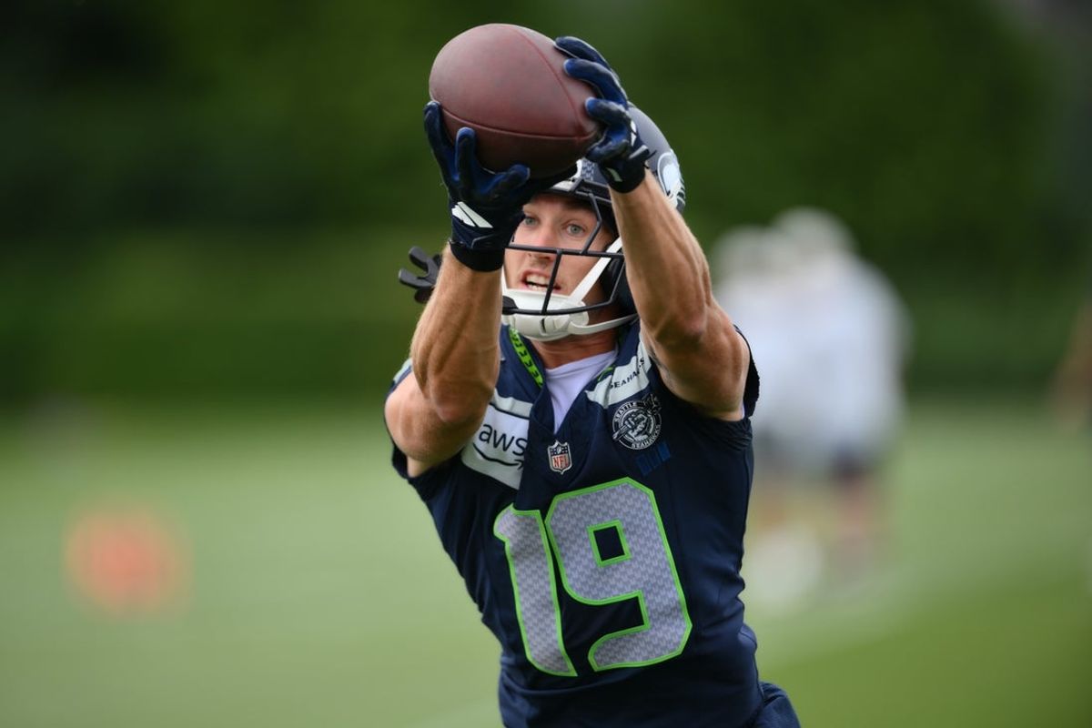 Jul 25, 2026; Renton, WA, USA; Seattle Seahawks wide receiver Jake Bobo (19) catches a pass during the first training camp at Virginia Mason Athletic Center. Mandatory Credit: Steven Bisig-Imagn Images