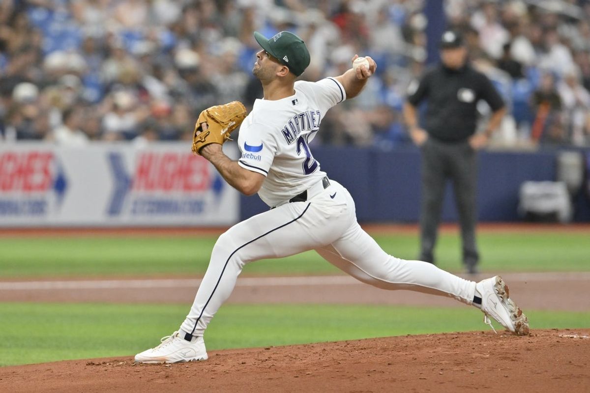Jul 25, 2026; St. Petersburg, Florida, USA; Tampa Bay Rays pitcher Nick Martinez (28) delivers a pitch during the second inning against Cleveland Guardians at Tropicana Field. Mandatory Credit: Pablo Robles-Imagn Images