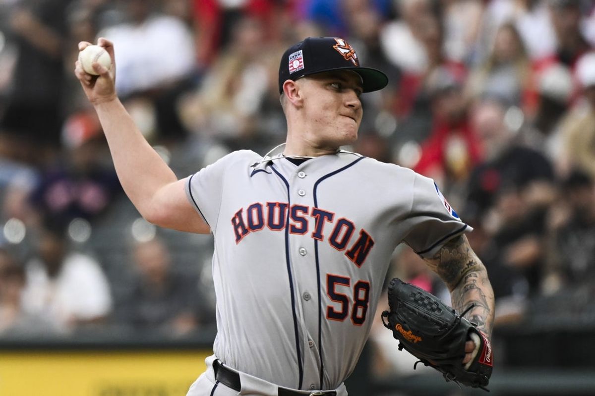 Jul 25, 2026; Chicago, Illinois, USA; Houston Astros pitcher Hunter Brown (58) throws the ball against the Chicago White Sox at Rate Field. Mandatory Credit: Matt Marton-Imagn Images