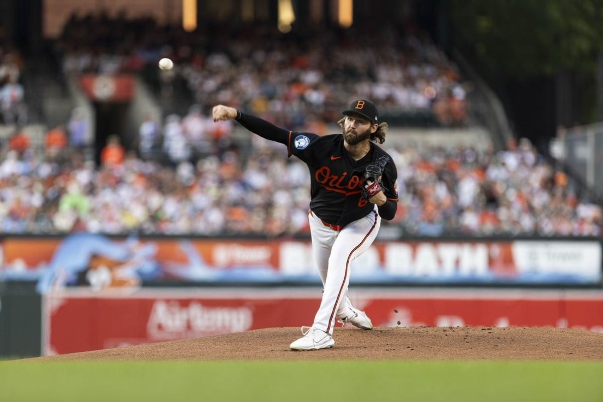 Jul 25, 2026; Baltimore, Maryland, USA;  Baltimore Orioles pitcher Brandon Young (63) pitchin in the first inning against the Atlanta Braves at Oriole Park at Camden Yards. Mandatory Credit: Lexi Thompson-Imagn Images