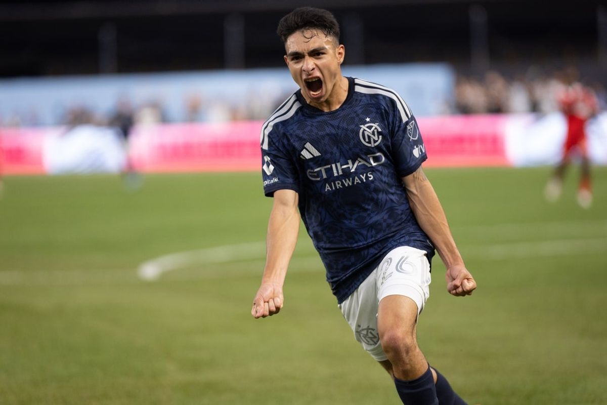 Jul 25, 2026; New York, New York, USA; New York City Football Club offense Agustin Ojeda (26) celebrates his goal against the Chicago Fire FC during the first half at Yankee Stadium. Mandatory Credit: Thomas Salus-Imagn Images