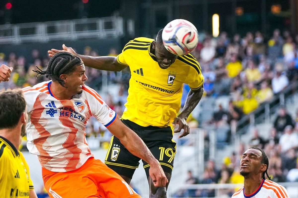 Columbus Crew offense Jamal Thiaré (19) heads the ball into the goal against the FC Cincinnati in the first half of the match at ScottsMiracle-Gro Field on July 25, 2026 in Columbus, Ohio.