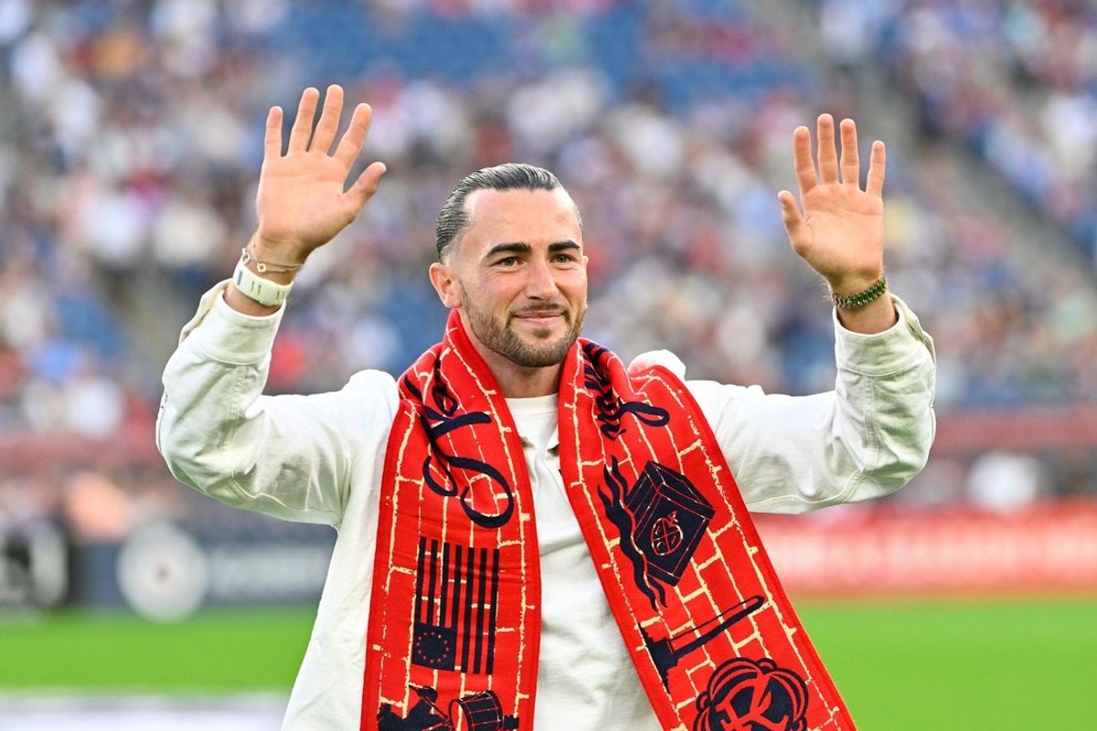 Jul 25, 2026; Foxborough, Massachusetts, USA; The New England Revolution's newly aquired English winger Jack Harrison is introduced at Gillette Stadium before a match against the Atlanta United. Mandatory Credit: Eric Canha-Imagn Images