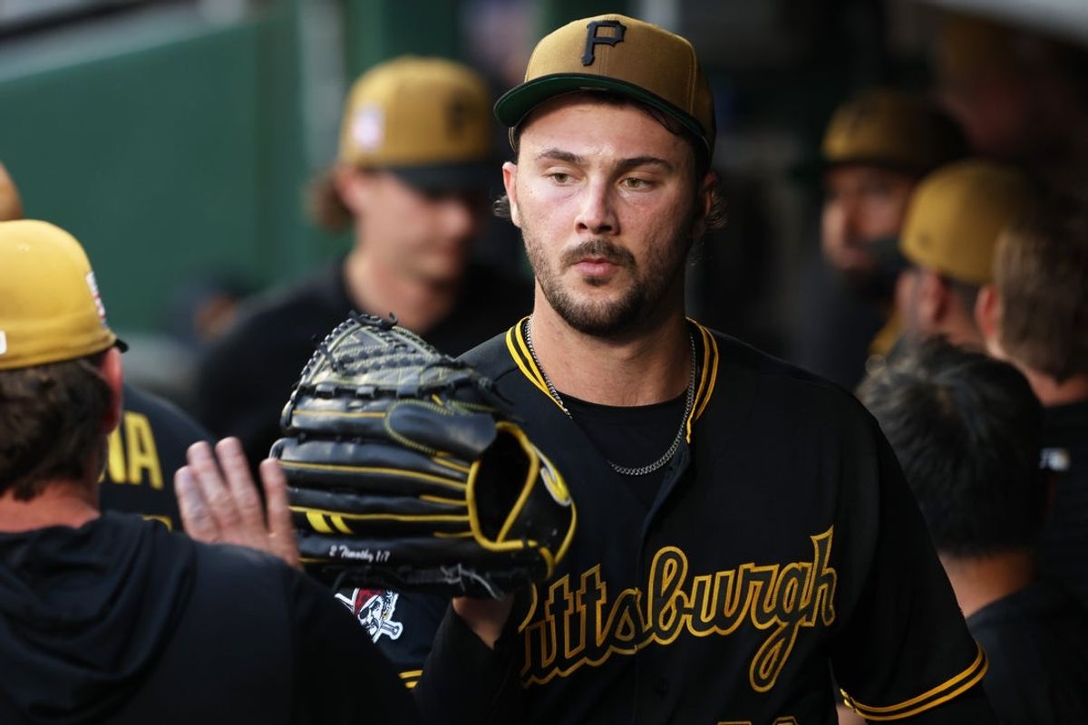 Jul 25, 2026; Pittsburgh, Pennsylvania, USA;  Pittsburgh Pirates starting pitcher Paul Skenes (30) in the dugout after  being removed from the game during the sixth inning against the Chicago Cubs at PNC Park. Mandatory Credit: Charles LeClaire-Imagn Images