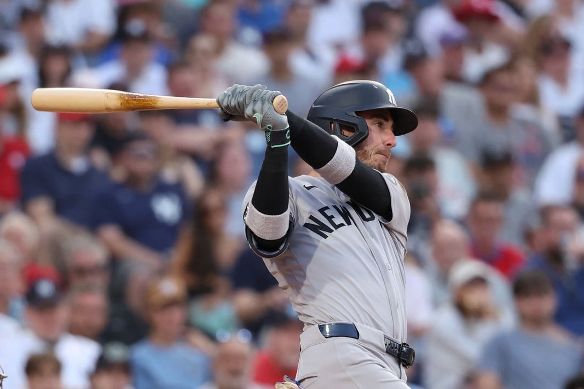 Jul 25, 2026; Philadelphia, Pennsylvania, USA; New York Yankees left fielder Cody Bellinger (35) hits an RBI single against the Philadelphia Phillies during the sixth inning at Citizens Bank Park. Mandatory Credit: Bill Streicher-Imagn Images