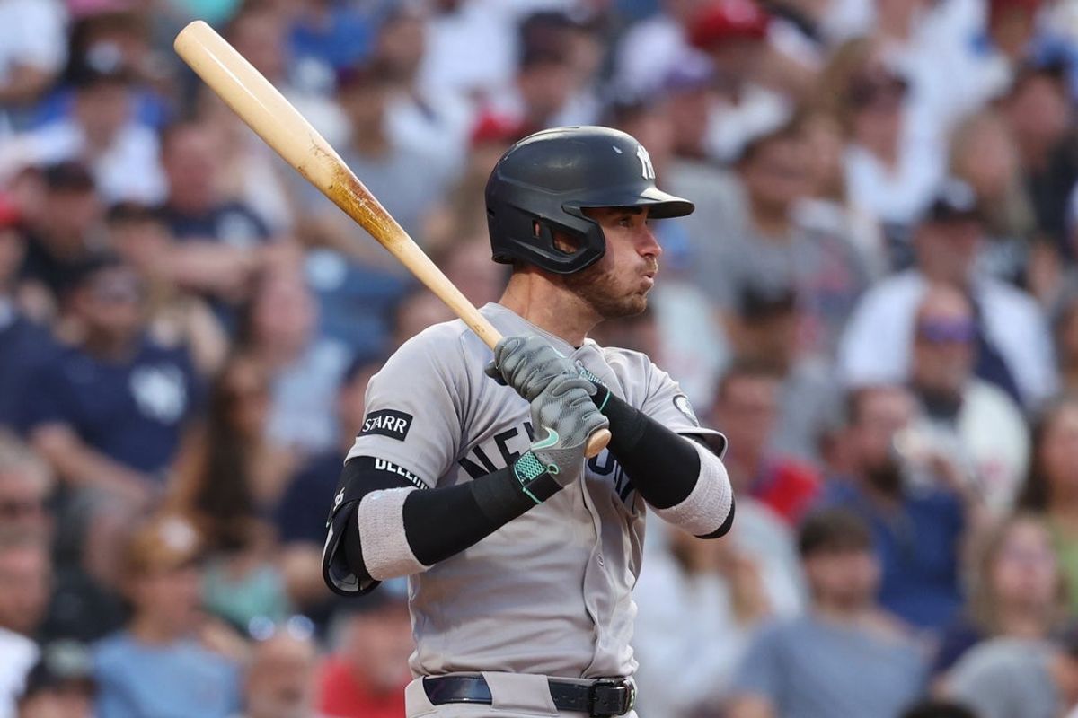 Jul 25, 2026; Philadelphia, Pennsylvania, USA; New York Yankees left fielder Cody Bellinger (35) hits an RBI single against the Philadelphia Phillies during the sixth inning at Citizens Bank Park. Mandatory Credit: Bill Streicher-Imagn Images