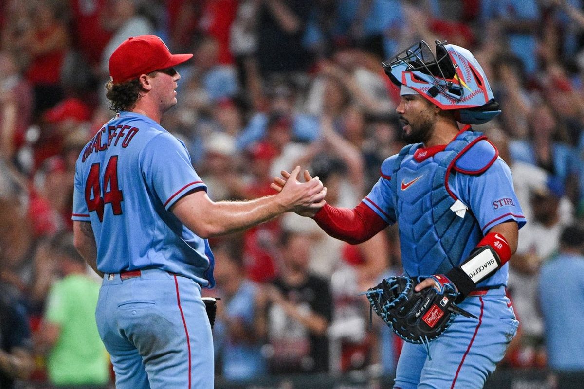 Jul 25, 2026; St. Louis, Missouri, USA; St. Louis Cardinals pitcher Gordon Graceffo (44) celebrates with catcher Ivan Herrera (48) after the Cardinals defeated the Cincinnati Reds at Busch Stadium. Mandatory Credit: Jeff Curry-Imagn Images