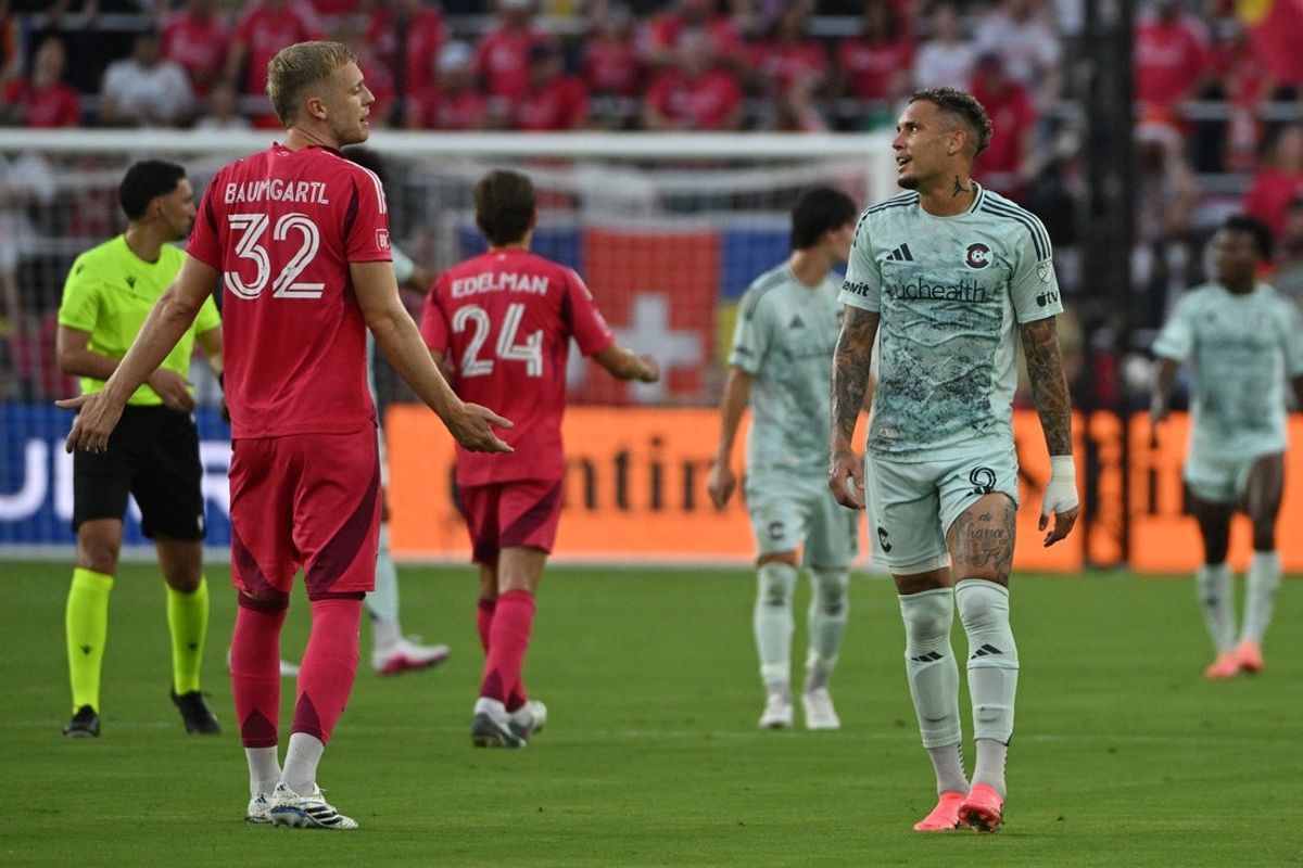 Jul 25, 2026; St. Louis, Missouri, USA; Colorado Rapids offense Rafael Navarro (9) reacts with St. Louis CITY SC defense Timo Baumgartl (32) during the first half at Energizer Park. Mandatory Credit: Jeff Le-Imagn Images