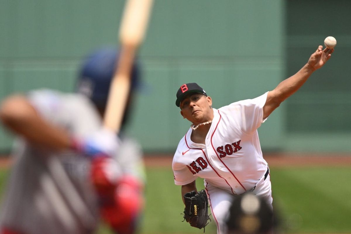 Jul 26, 2026; Boston, Massachusetts, USA; Boston Red Sox pitcher Ranger Suarez (55) pitches against the Toronto Blue Jays during the first inning at Fenway Park. Mandatory Credit: Brian Fluharty-Imagn Images