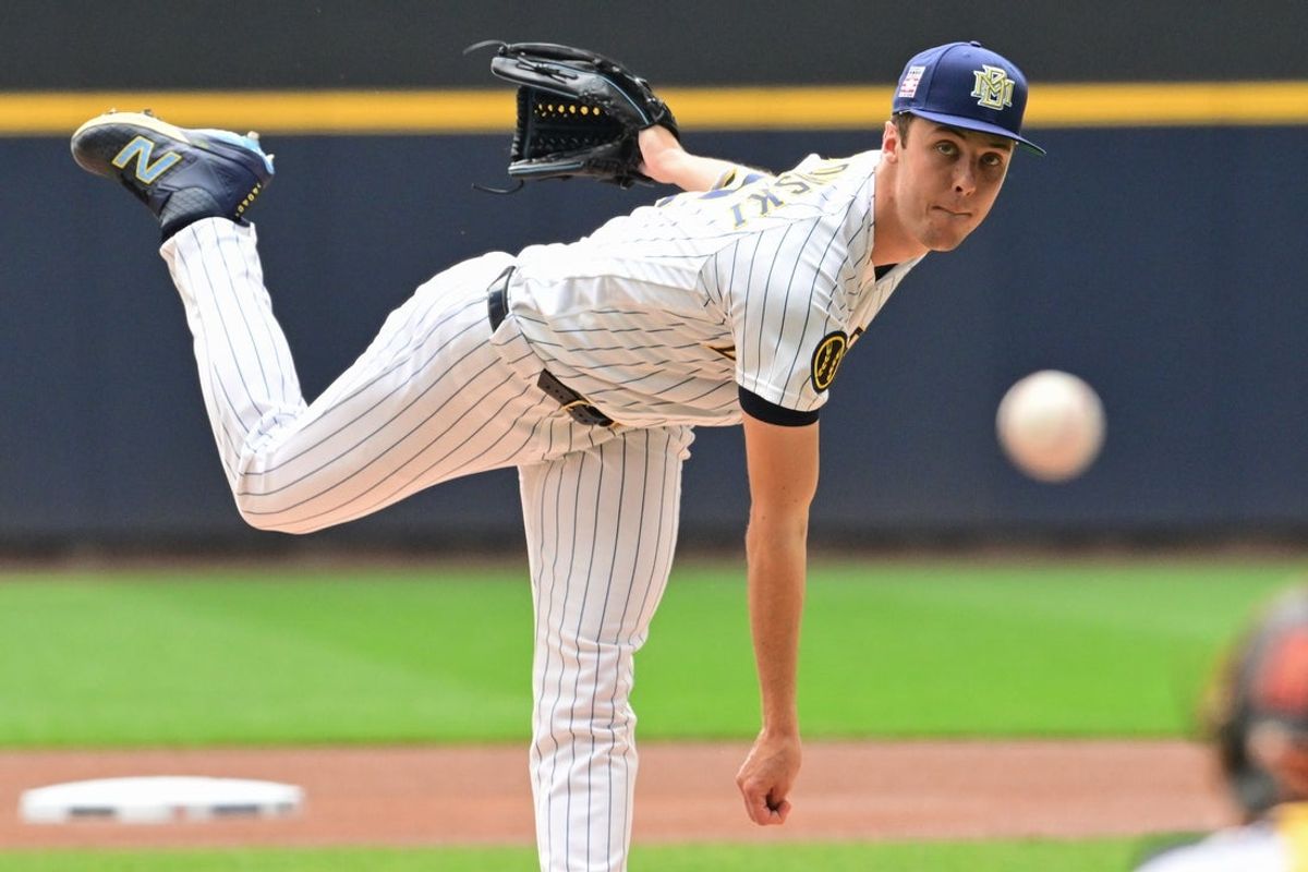 Jul 26, 2026; Milwaukee, Wisconsin, USA; Milwaukee Brewers starting pitcher Jacob Misiorowski (32) throws a pitch in the first inning against the Colorado Rockies at American Family Field. Mandatory Credit: Benny Sieu-Imagn Images