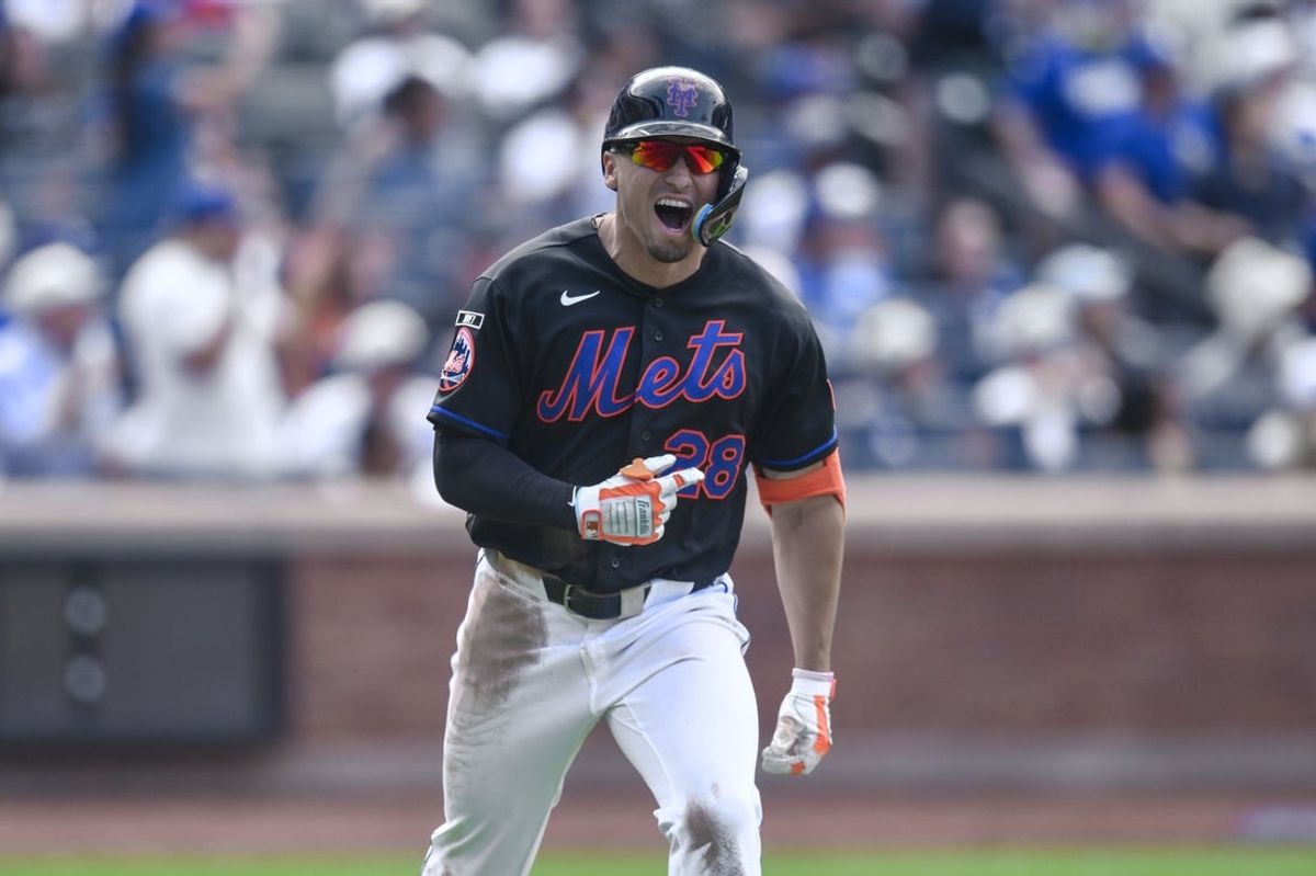 Jul 26, 2026; New York City, New York, USA; New York Mets center fielder Tyrone Taylor (28) reacts after hitting a three-run home run against the Los Angeles Dodgers during the sixth inning at Citi Field. Mandatory Credit: John Jones-Imagn Images
