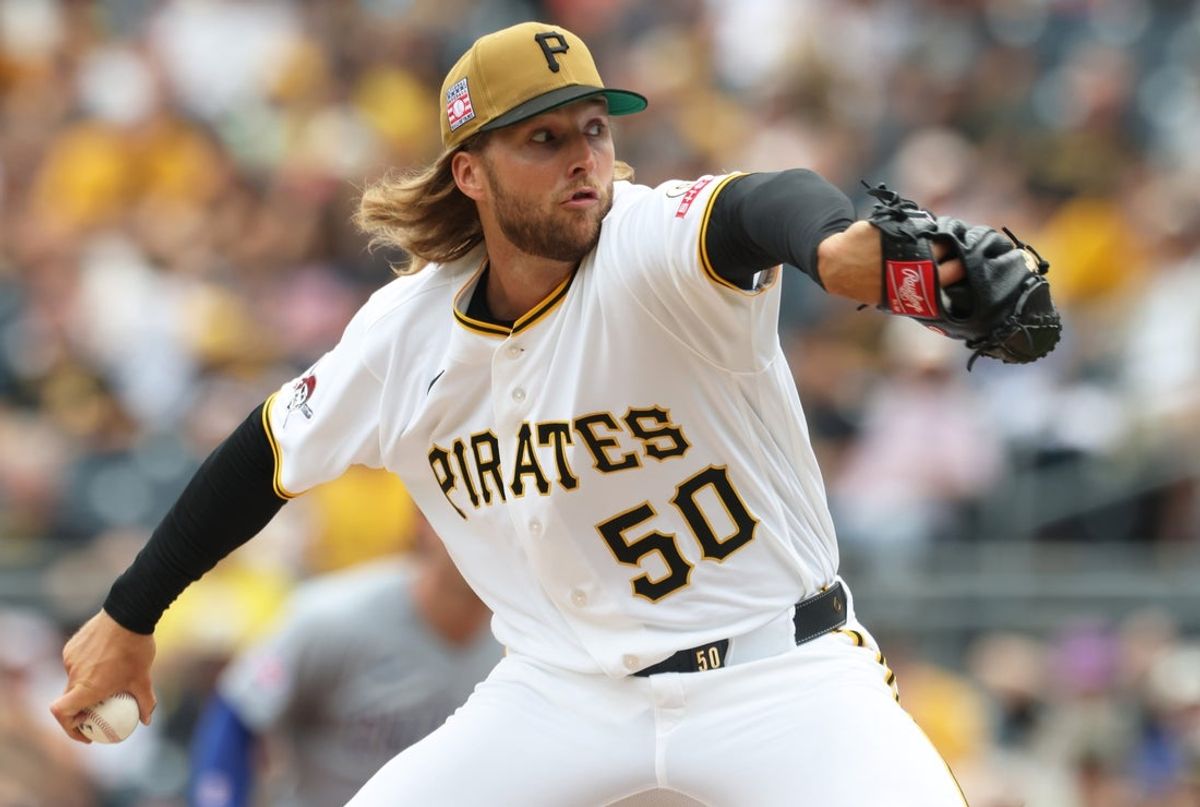 Jul 26, 2026; Pittsburgh, Pennsylvania, USA;  Pittsburgh Pirates relief pitcher Carmen Mlodzinski (50) pitches against the Chicago Cubs during the eighth inning at PNC Park. Mandatory Credit: Charles LeClaire-Imagn Images