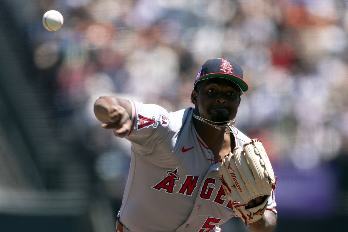 Jul 26, 2026; San Francisco, California, USA; Los Angeles Angels starting pitcher José Soriano (59) delivers a pitch against the San Francisco Giants during the first inning at Oracle Park. Mandatory Credit: D. Ross Cameron-Imagn Images
